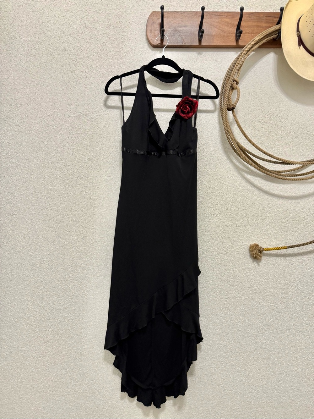 Vintage Y2K Rampage Black Rosette Halter High-Low Ruffle Dress – Size Large